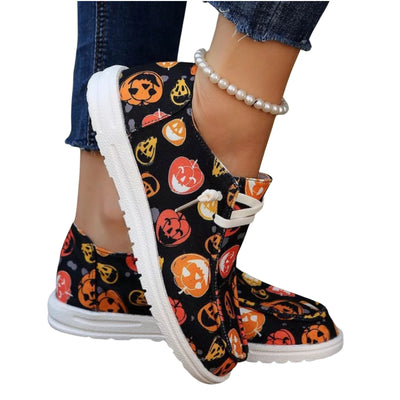 Women's Halloween Pumpkin Print Round Toe Sneakers with playful pumpkin design and comfortable fit.