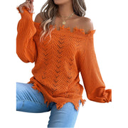 Distressed Hem Openwork Off-Shoulder Sweater – Relaxed Knit in orange with raw hemline and open-knit detailing.