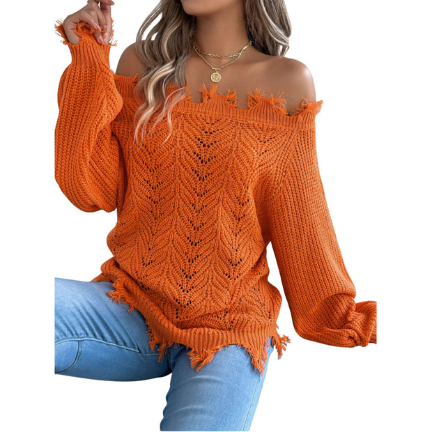 Distressed Hem Openwork Off-Shoulder Sweater – Relaxed Knit in orange with raw hemline and open-knit detailing.