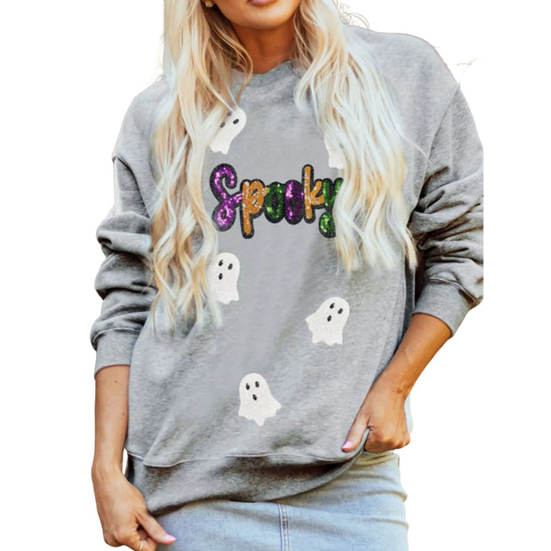 Halloween Spooky Ghost Sequin Sweatshirt with colorful sequin text and cute ghost designs, perfect for Halloween festivities.
