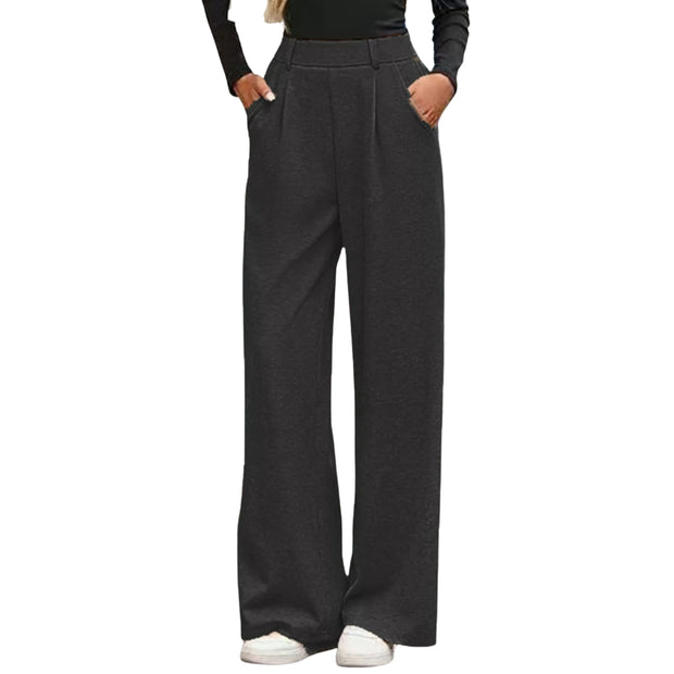 High-Waisted Wide-Leg Pants with Pockets in dark gray, featuring a high waist and functional side pockets for comfort.