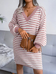 Striped Ribbed V-Neck Sweater Dress – Long Sleeve Knit showcased with a stylish handbag.