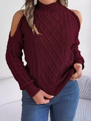 Cable Knit Cold Shoulder Turtleneck Sweater in burgundy with stylish shoulder cutouts and cozy cable-knit texture.