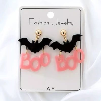 Halloween Bat “Boo” Dangle Earrings – Spooky Cute Statement Jewelry featuring bat charms with pink 'boo' accents.