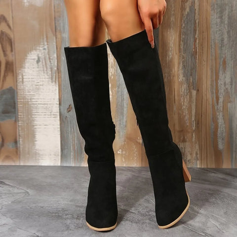 Point Toe Block Heels Boots in black suede, featuring a high heel and stylish knee-high design.