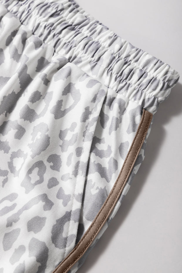 White Leopard Elastic Waistband Lace up Contrast Trim Casual Shorts
