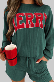 Evergreen MERRY Corded Lounge Set with red 'MERRY' print, cozy fabric, perfect for festive lounging.
