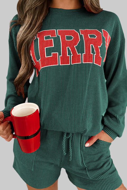 Evergreen MERRY Corded Lounge Set in green with a red 'MERRY' graphic, perfect for cozy seasons.