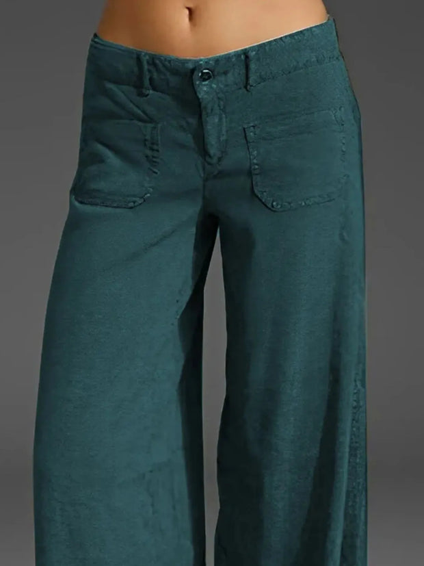 Plus Size Wide Leg Pants with Pockets – Full Length Comfort Fit in teal fabric with side pockets.