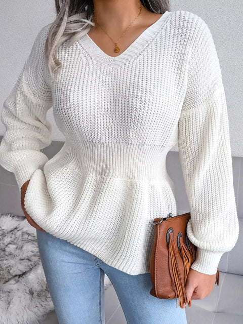 V-Neck Dropped Shoulder Sweater featuring ribbed texture and peplum design, perfect for casual wear.