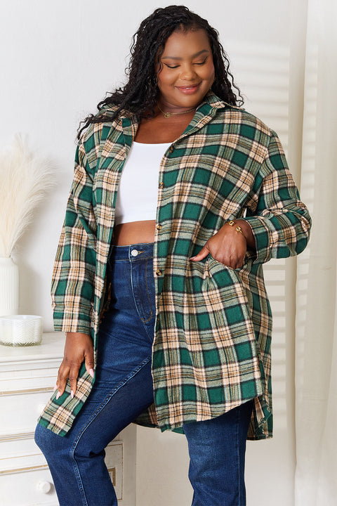 Mandy Plaid Collared Shirt worn by a model, showcasing its chic plaid design and comfortable fit.