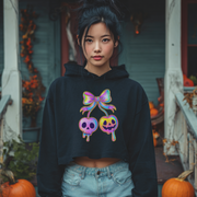 Edgy Crop Hoodie with Rainbow Skull Bow Design, Streetwear, Halloween Fashion, Gift for Her, Trendy Fall Outfit