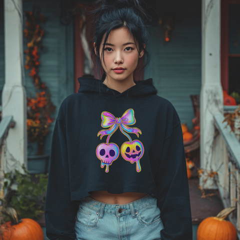 Edgy Crop Hoodie with Rainbow Skull Bow Design, Streetwear, Halloween Fashion, Gift for Her, Trendy Fall Outfit