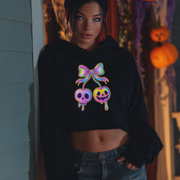 Edgy Crop Hoodie with Rainbow Skull Bow Design, Streetwear, Halloween Fashion, Gift for Her, Trendy Fall Outfit