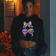 Edgy Crop Hoodie with Rainbow Skull Bow Design, Streetwear, Halloween Fashion, Gift for Her, Trendy Fall Outfit