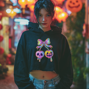 Edgy Crop Hoodie with Rainbow Skull Bow Design, Streetwear, Halloween Fashion, Gift for Her, Trendy Fall Outfit