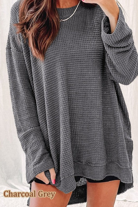 Waffle Knit Drop-Sleeve Side-Slit Oversized Top in Charcoal Grey, featuring a relaxed fit and cozy texture.