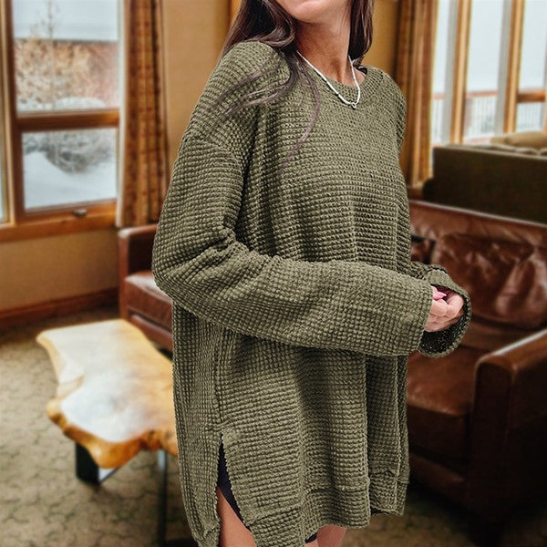 Waffle Knit Drop-Sleeve Side-Slit Oversized Top in olive green, featuring cozy texture and relaxed silhouette.