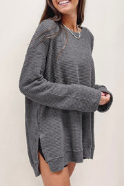 Waffle Knit Drop-Sleeve Side-Slit Oversized Top in gray showcasing relaxed fit and cozy texture.