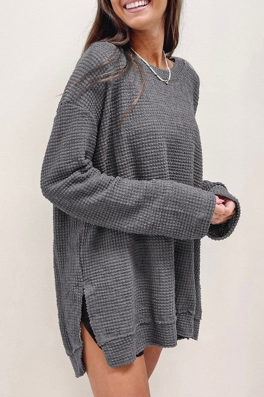 Waffle Knit Drop-Sleeve Side-Slit Oversized Top in gray showcasing relaxed fit and cozy texture.