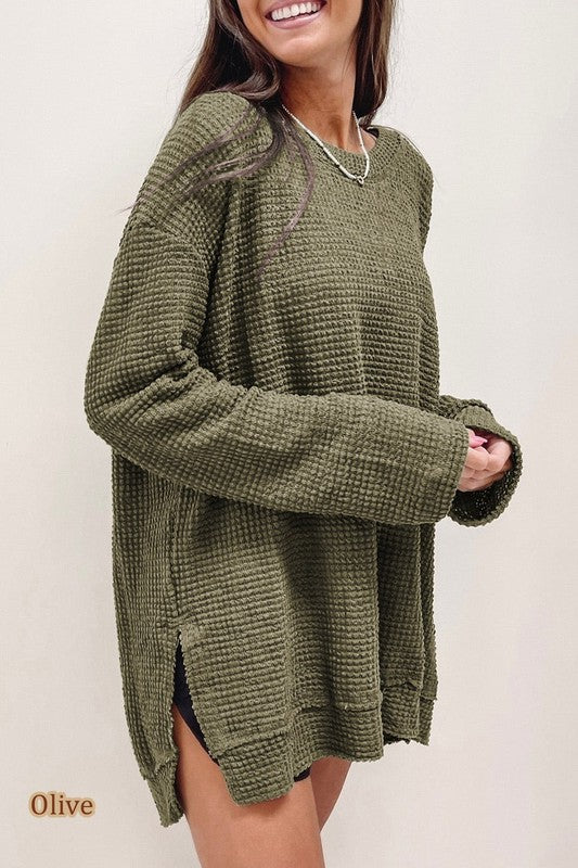 Waffle Knit Drop-Sleeve Side-Slit Oversized Top in olive, featuring cozy waffle texture and relaxed fit for ultimate comfort.