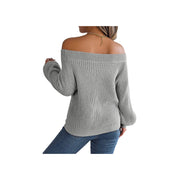 Trendy Openwork Off-Shoulder Knit Sweater – Cozy Fall Long Sleeve Top in gray color, showing back view on model.
