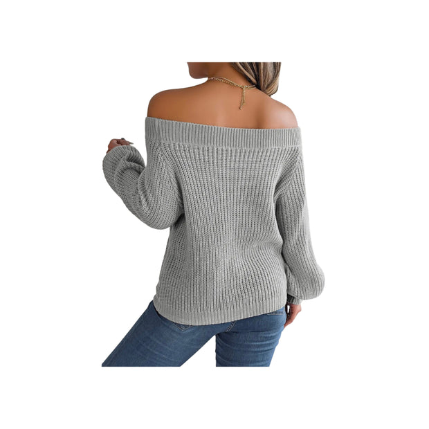 Trendy Openwork Off-Shoulder Knit Sweater – Cozy Fall Long Sleeve Top in gray color, showing back view on model.