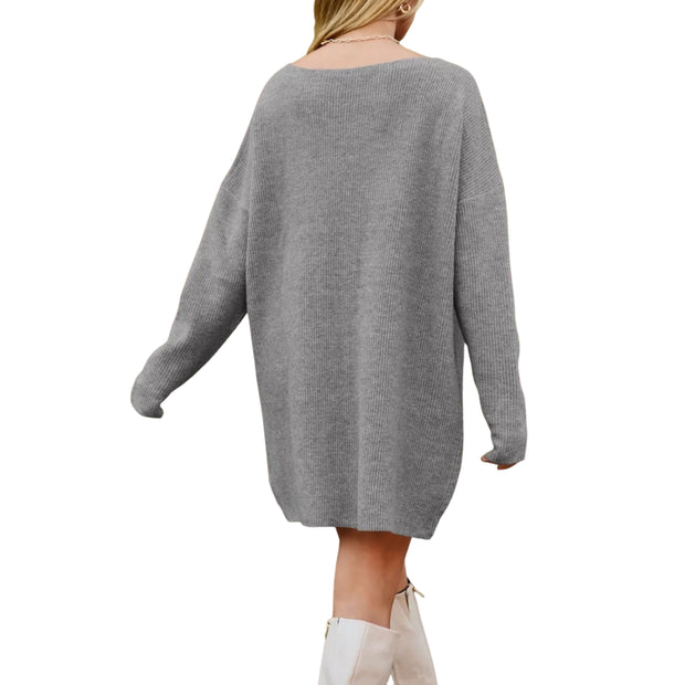 V-Neck Dropped Shoulder Sweater Dress – Cozy Knit Style showcased from the back, featuring a relaxed fit and soft knit fabric.