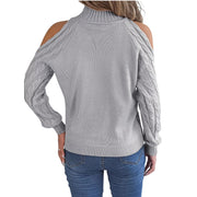 Cable Knit Cold Shoulder Turtleneck Sweater showcasing stylish cold-shoulder cutouts from the back.