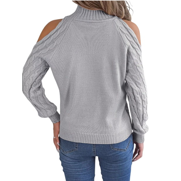Cable Knit Cold Shoulder Turtleneck Sweater showcasing stylish cold-shoulder cutouts from the back.