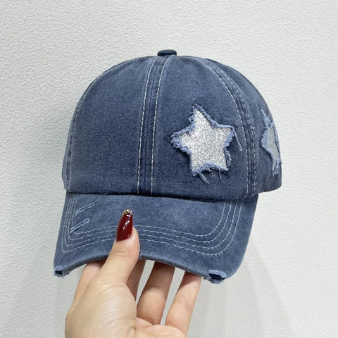 Star Embroidered Baseball Cap featuring distressed star stitching and a relaxed fit, perfect for stylish outfits.