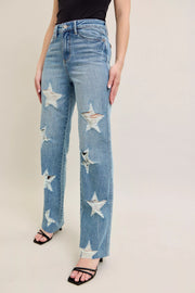 Judy Blue Plus Size High Waist Magic Star Destroy 90’s Straight Jeans featuring distressed star details and a flattering fit.