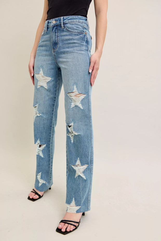 Judy Blue Plus Size High Waist Magic Star Destroy 90’s Straight Jeans featuring distressed star details and a flattering fit.