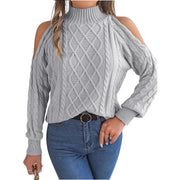 Stylish Cable Knit Cold Shoulder Turtleneck Sweater in light gray, featuring trendy shoulder cutouts and classic cable-knit design.