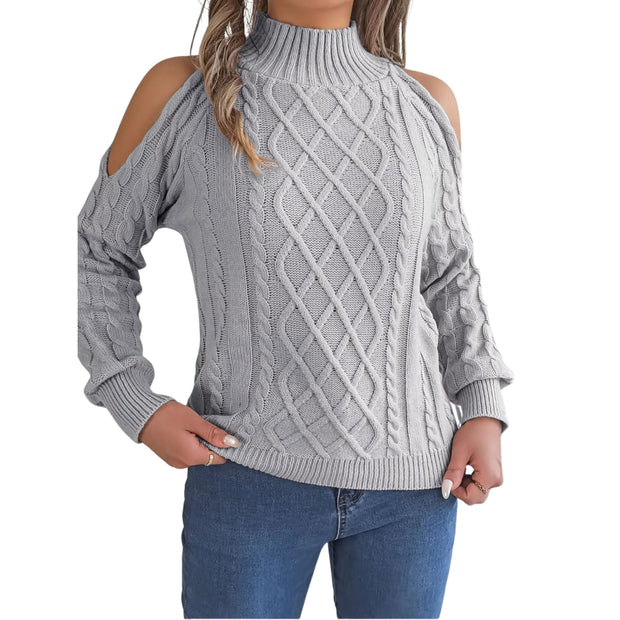 Model wearing a Cable Knit Cold Shoulder Turtleneck Sweater in gray with stylish shoulder cutouts.