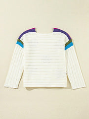Boho Floral Cotton-Blend Eyelet Knit Sweater with colorful eyelet knit detailing and relaxed silhouette.