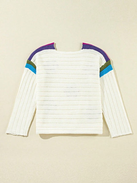 Boho Floral Cotton-Blend Eyelet Knit Sweater with colorful eyelet knit detailing and relaxed silhouette.
