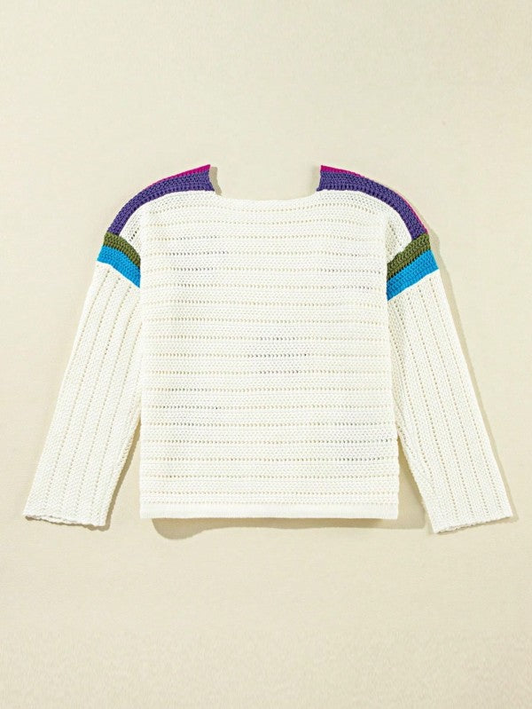 Boho Floral Cotton-Blend Eyelet Knit Sweater with colorful eyelet knit detailing and relaxed silhouette.