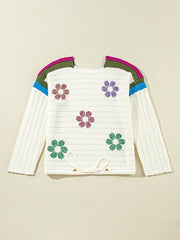 Boho Floral Cotton-Blend Eyelet Knit Sweater featuring colorful floral patterns and a relaxed fit design.