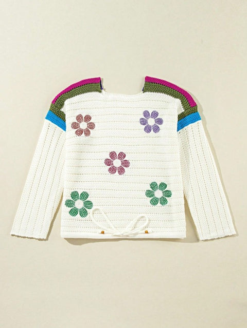 Boho Floral Cotton-Blend Eyelet Knit Sweater featuring colorful floral patterns and a relaxed fit design.