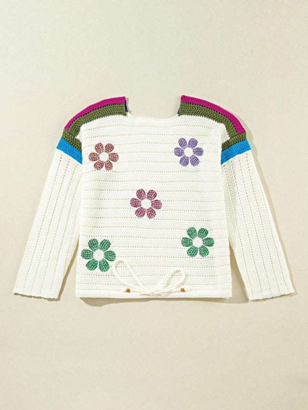 Boho Floral Cotton-Blend Eyelet Knit Sweater featuring colorful floral patterns and a relaxed fit design.