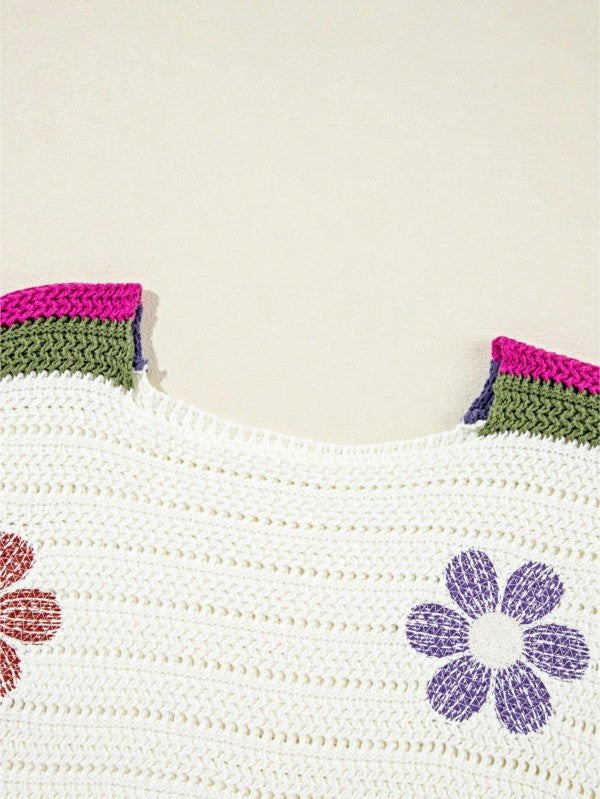 Boho Floral Cotton-Blend Eyelet Knit Sweater featuring colorful floral eyelet detailing and vibrant shoulder accents.