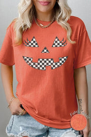 Checker Pumpkin Face Graphic Heavy Cotton Tee featuring a playful pumpkin face design in checker pattern.