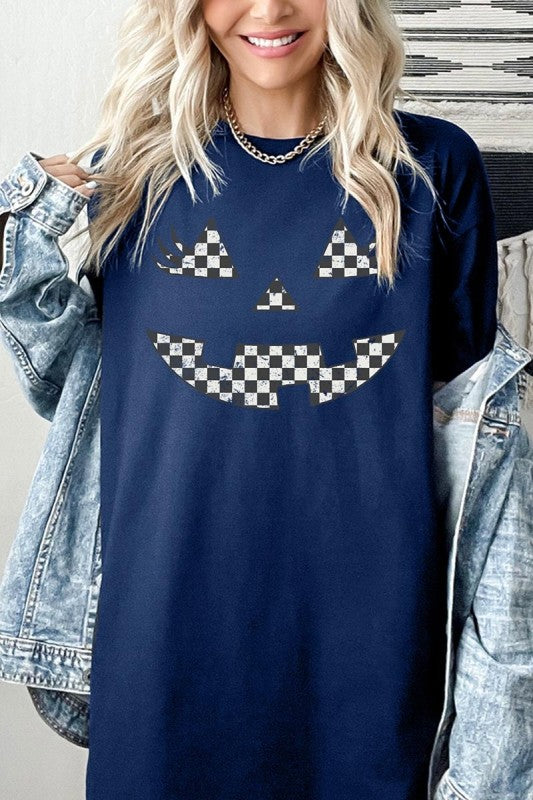 Checker Pumpkin Face Graphic Heavy Cotton Tee featuring a playful pumpkin face design on a navy background.