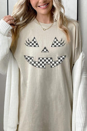 Checker Pumpkin Face Graphic Heavy Cotton Tee featuring a playful pumpkin face design in black and white.