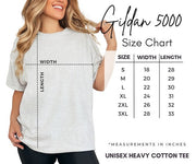 Gildan 5000 size chart for unisex heavy cotton tee with measurements in inches.