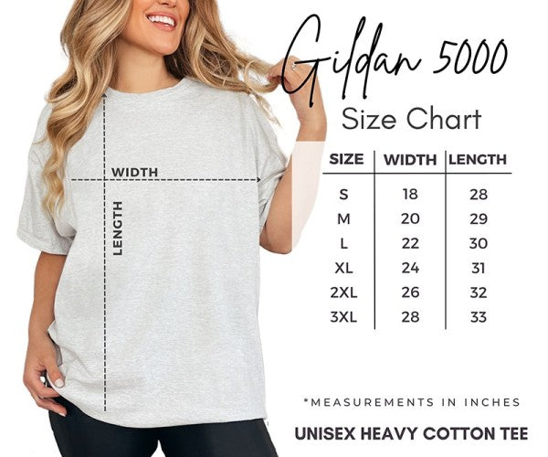 Gildan 5000 size chart for unisex heavy cotton tee with measurements in inches.