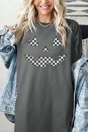 Checker Pumpkin Face Graphic Heavy Cotton Tee featuring playful pumpkin face design on a gray background.