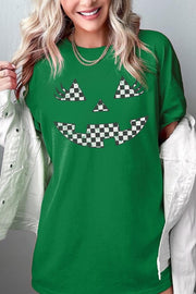 Checker Pumpkin Face Graphic Heavy Cotton Tee in green with a playful pumpkin face design.