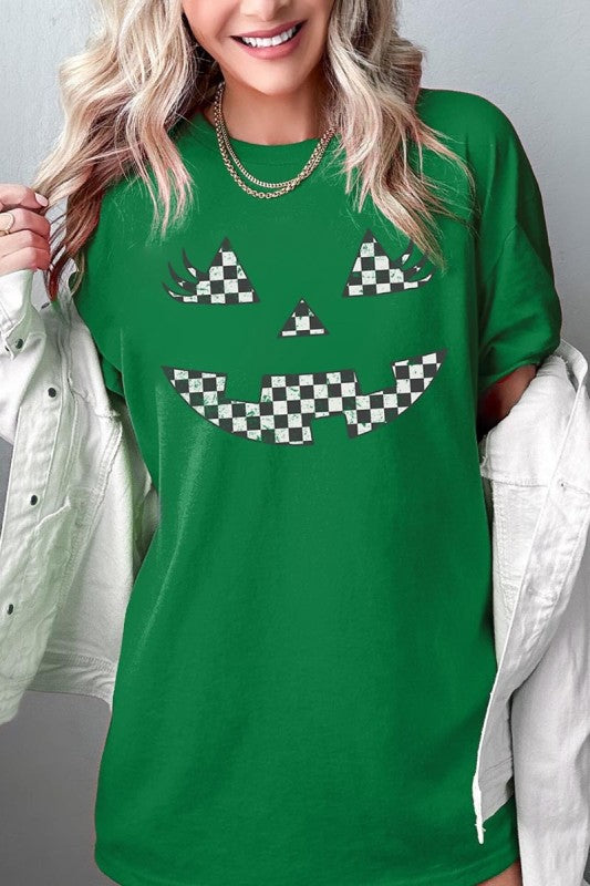 Checker Pumpkin Face Graphic Heavy Cotton Tee in green with a playful pumpkin face design.